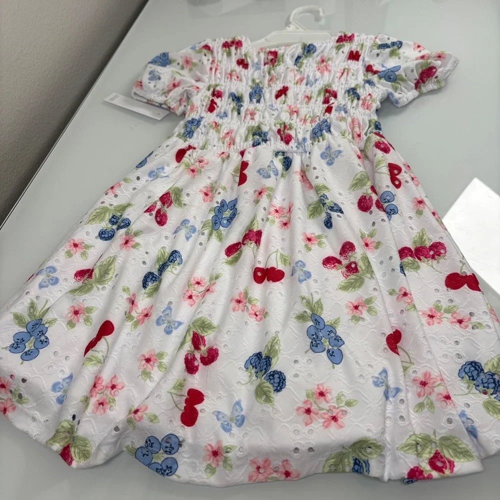 Tahari Girl Kids 6 White Berry Floral Eyelet Smocked Dress NEW Fruit Print